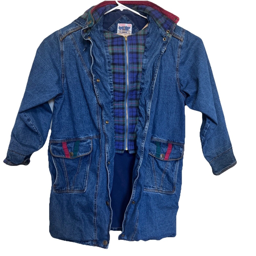 VTG CURRENT SEEN Womens Jean Jacket Large Denim 80s 90s Long Coat Removable Hood